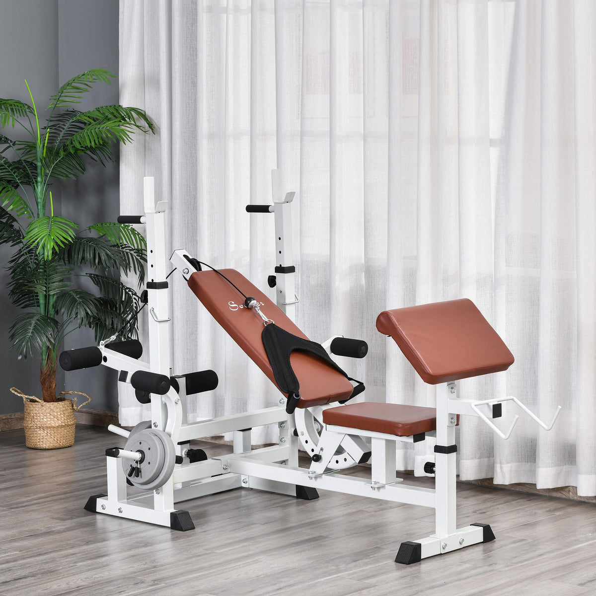 Soozier Multi-Exercise Full-Body Weight Rack with Bench Press, Leg Extension, Chest Fly Resistance Band and Preacher Curl