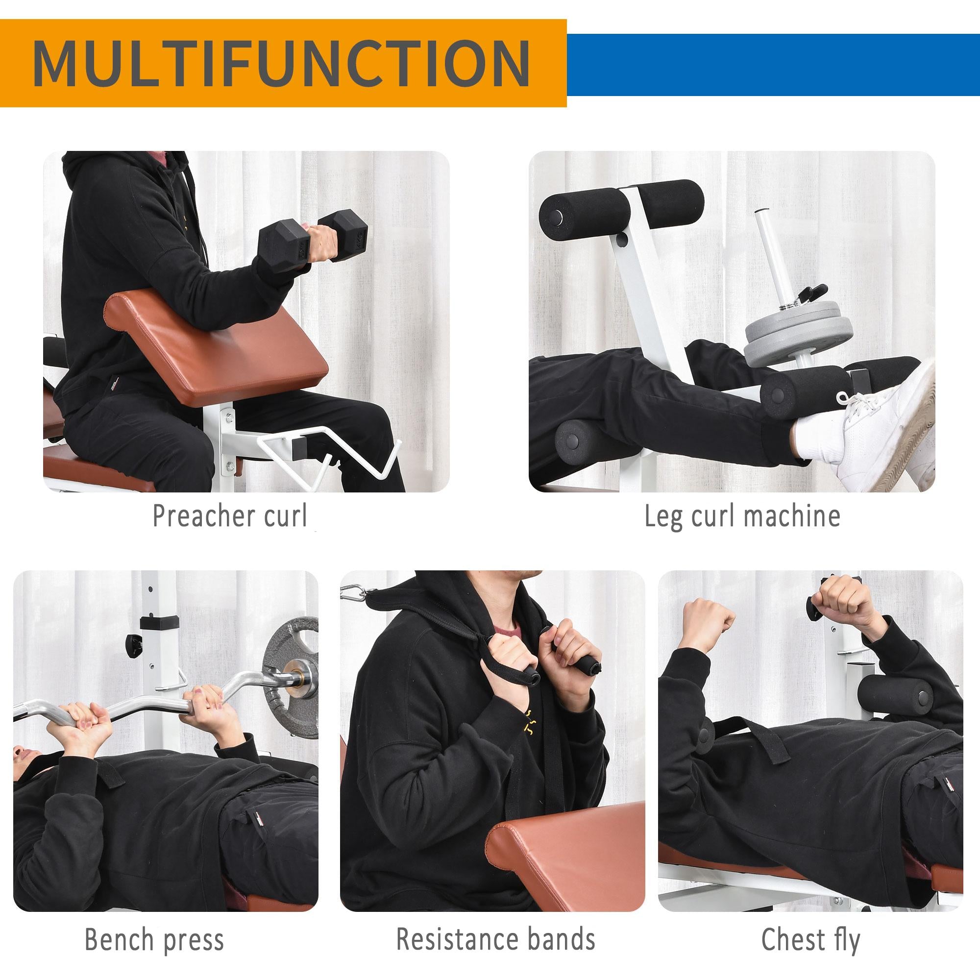 Soozier Multi-Exercise Full-Body Weight Rack with Bench Press, Leg Extension, Chest Fly Resistance Band and Preacher Curl