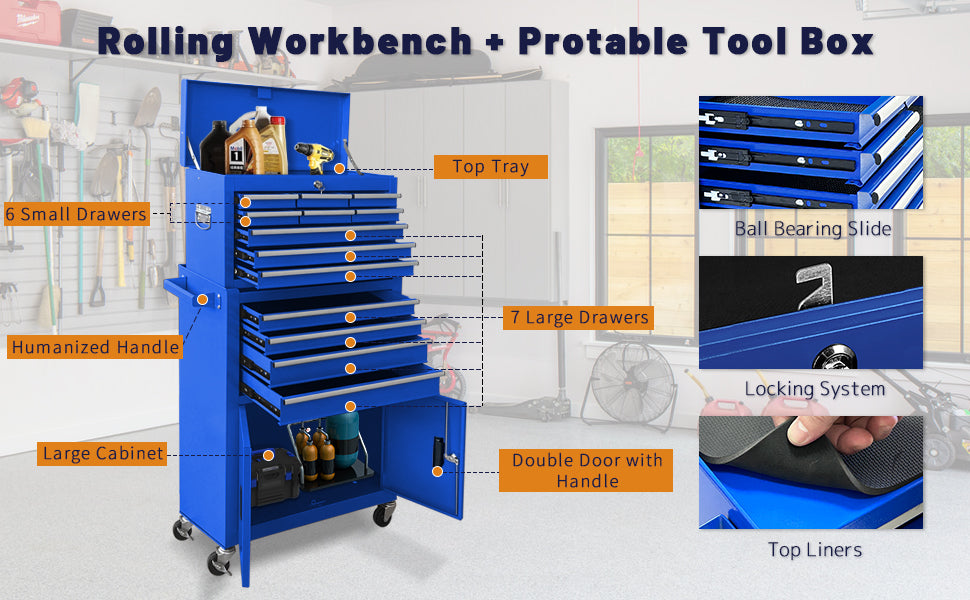 13-Drawer Rolling Tool Chest with Double Doors, 2 in 1 Detachable Rolling Tool Chest Combo, Mobile Tool Cabinet with Drawers, Metal LarLockable Tool Box for GaraWorkshop (Blue)