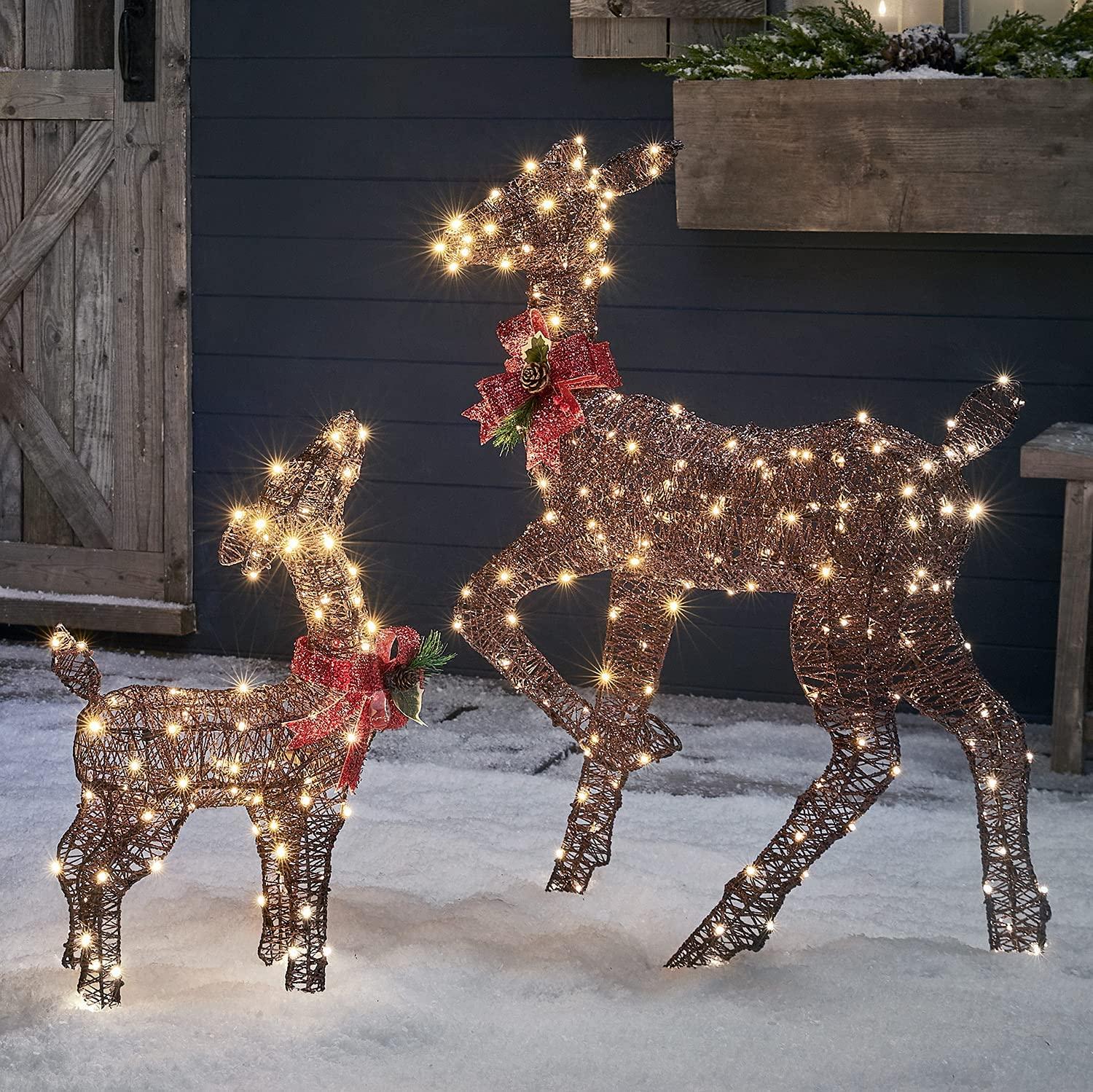Lights4fun, Inc. Set of 2 Brown Glitter Doe &amp; Fawn Reindeer LED Christmas Light Up Figures Decoration for Indoor Outdoor Use