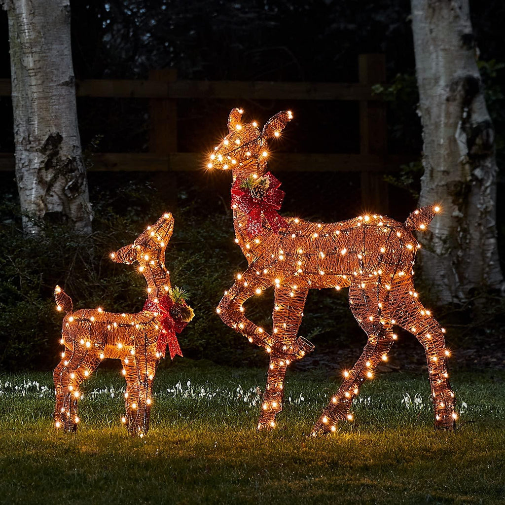 Lights4fun, Inc. Set of 2 Brown Glitter Doe &amp; Fawn Reindeer LED Christmas Light Up Figures Decoration for Indoor Outdoor Use