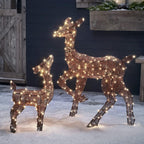 Lights4fun, Inc. Set of 2 Brown Glitter Doe &amp; Fawn Reindeer LED Christmas Light Up Figures Decoration for Indoor Outdoor Use