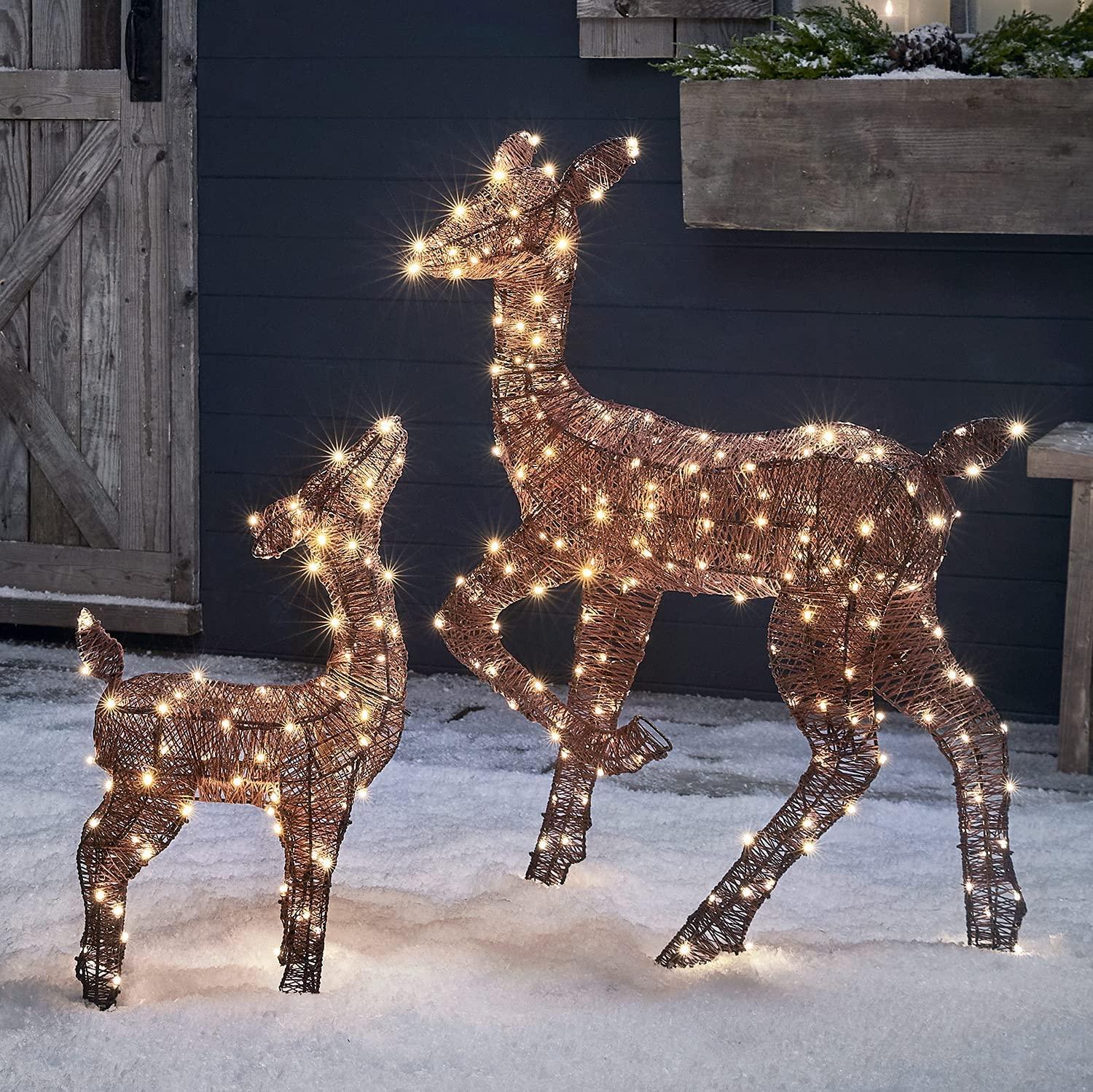 Lights4fun, Inc. Set of 2 Brown Glitter Doe &amp; Fawn Reindeer LED Christmas Light Up Figures Decoration for Indoor Outdoor Use