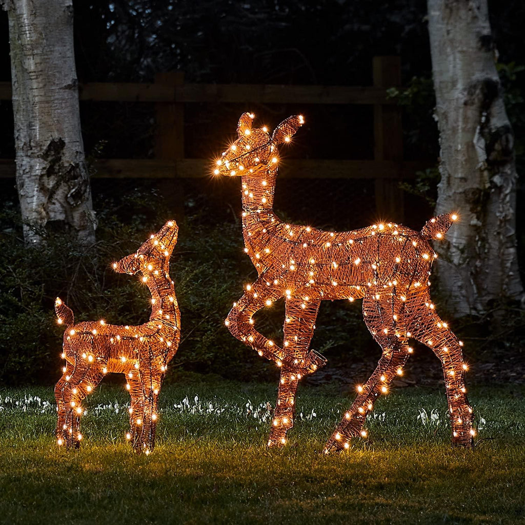 Lights4fun, Inc. Set of 2 Brown Glitter Doe &amp; Fawn Reindeer LED Christmas Light Up Figures Decoration for Indoor Outdoor Use