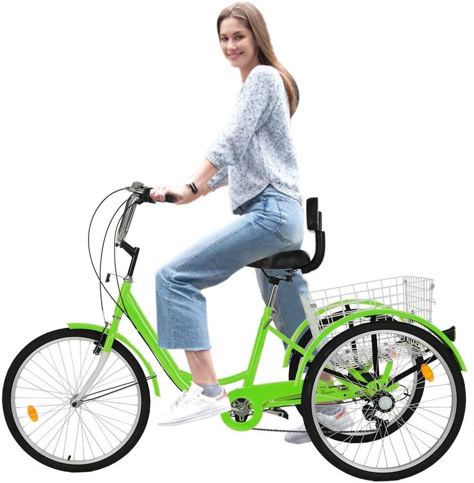 FRJINIE Adult Tricycle Bike 24-in 1/7 Speed 3-Wheel for Shopping W/Installation Tools Three-Wheeled Bicycle for Men and Women in 2021