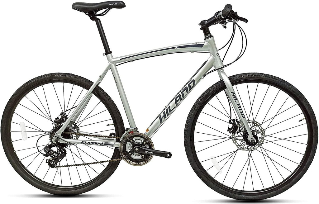 Hiland Road Hybrid Bike Urban City Commuter Bicycle with Disc Brake for Men Comfortable Bicycle 700C Wheels 24 speeds Bikes Silver