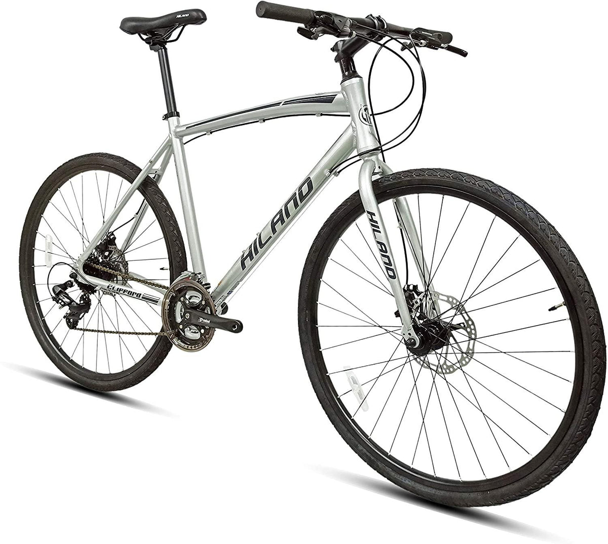 Hiland Road Hybrid Bike Urban City Commuter Bicycle with Disc Brake for Men Comfortable Bicycle 700C Wheels 24 speeds Bikes Silver