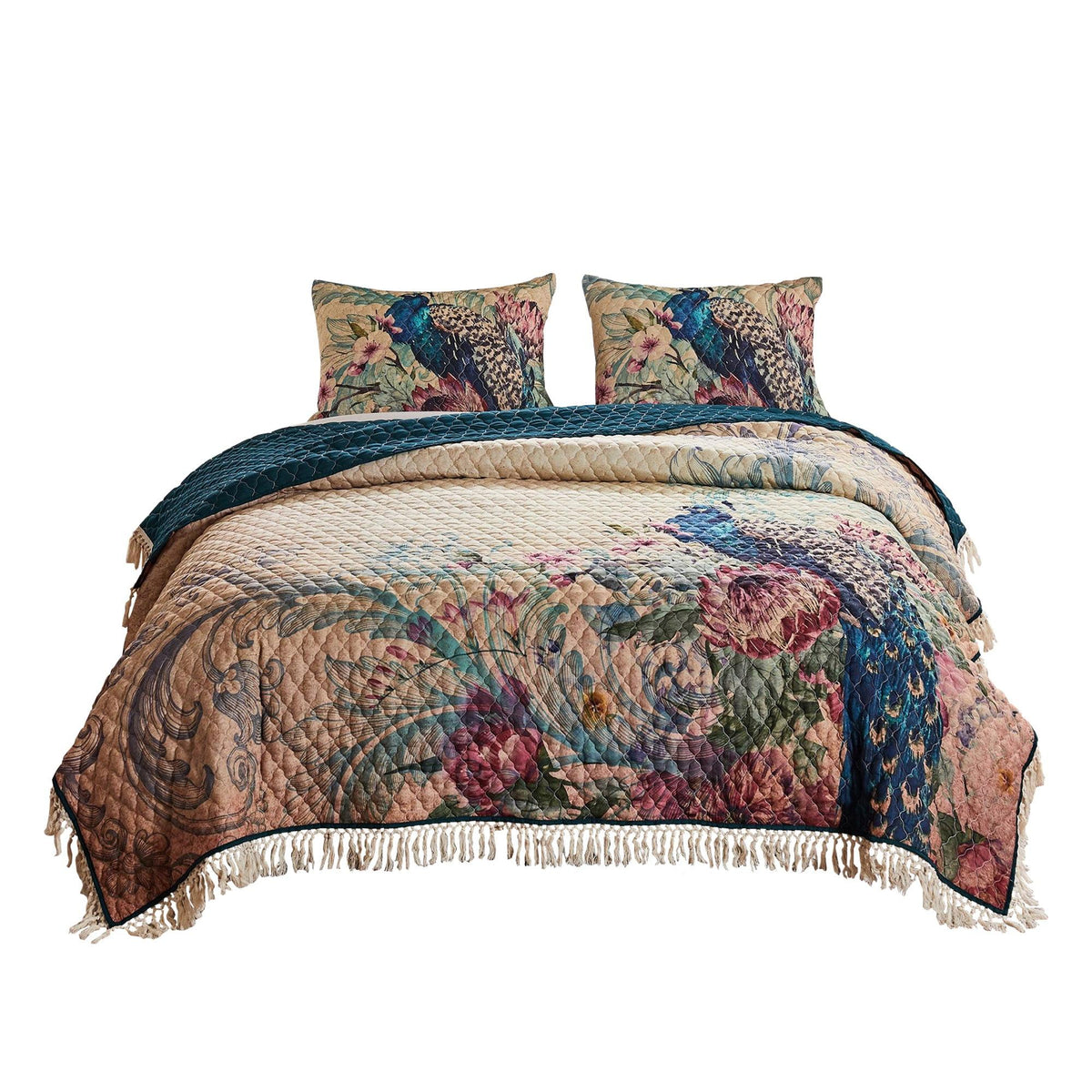 3 Piece Size Quilt Set with Floral Print and Crochet Trim, Multicolor