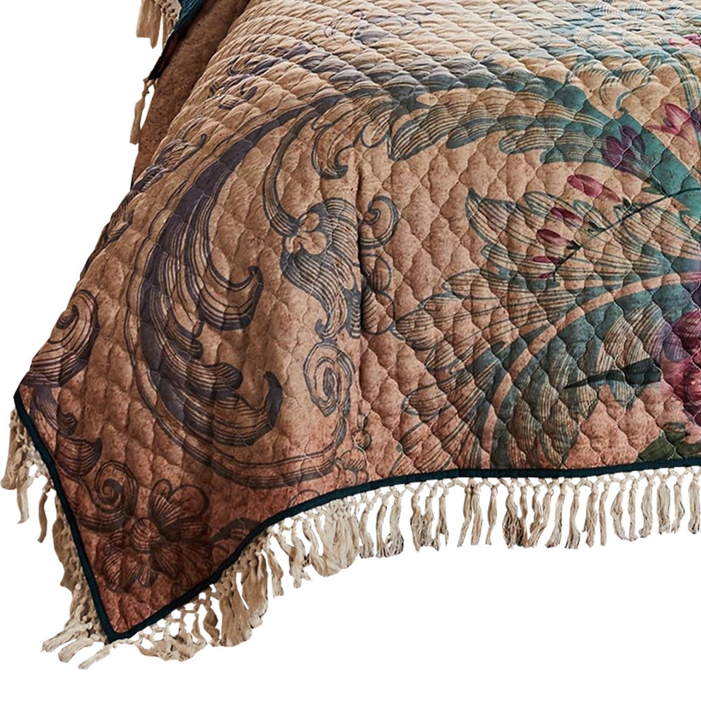 3 Piece Size Quilt Set with Floral Print and Crochet Trim, Multicolor