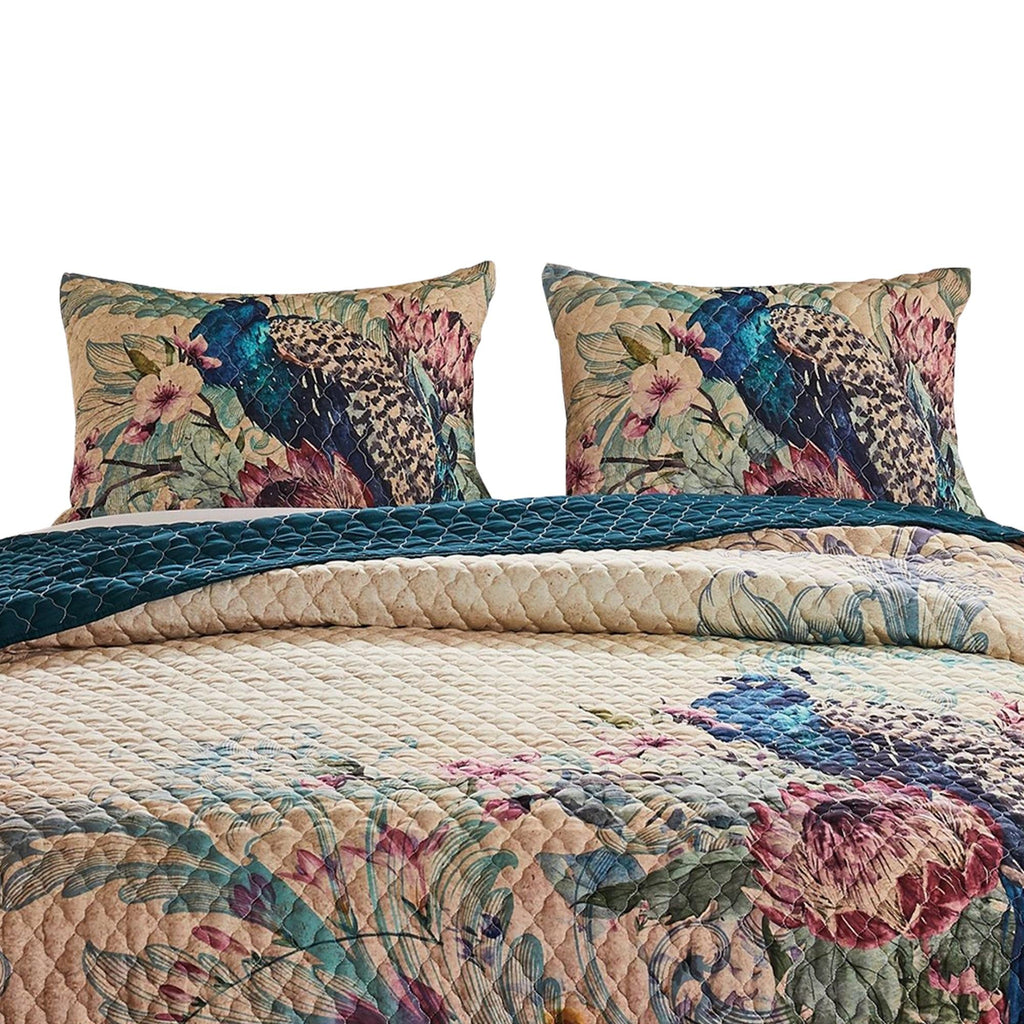3 Piece Size Quilt Set with Floral Print and Crochet Trim, Multicolor