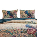 3 Piece Size Quilt Set with Floral Print and Crochet Trim, Multicolor