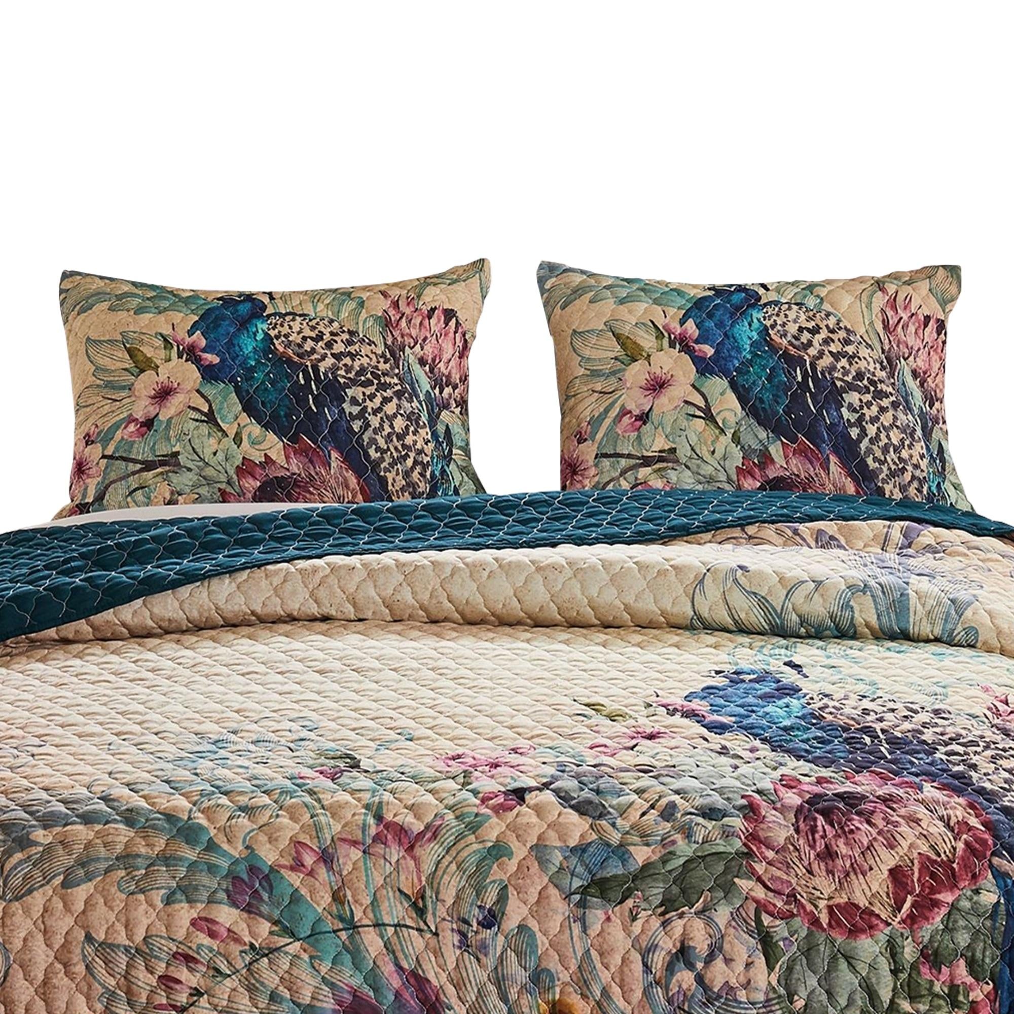 3 Piece Size Quilt Set with Floral Print and Crochet Trim, Multicolor