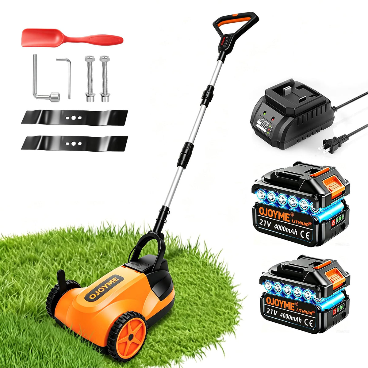 Mini Cordless Lawn Mower, 9 Inch Electric Grass Cutter, Brushless Motor, 2 x 21V 4.0Ah Batteries, 3 Adjustable Cutting Heights, Lightweight Push Mower for Small Yard &amp; Garden (Orange)