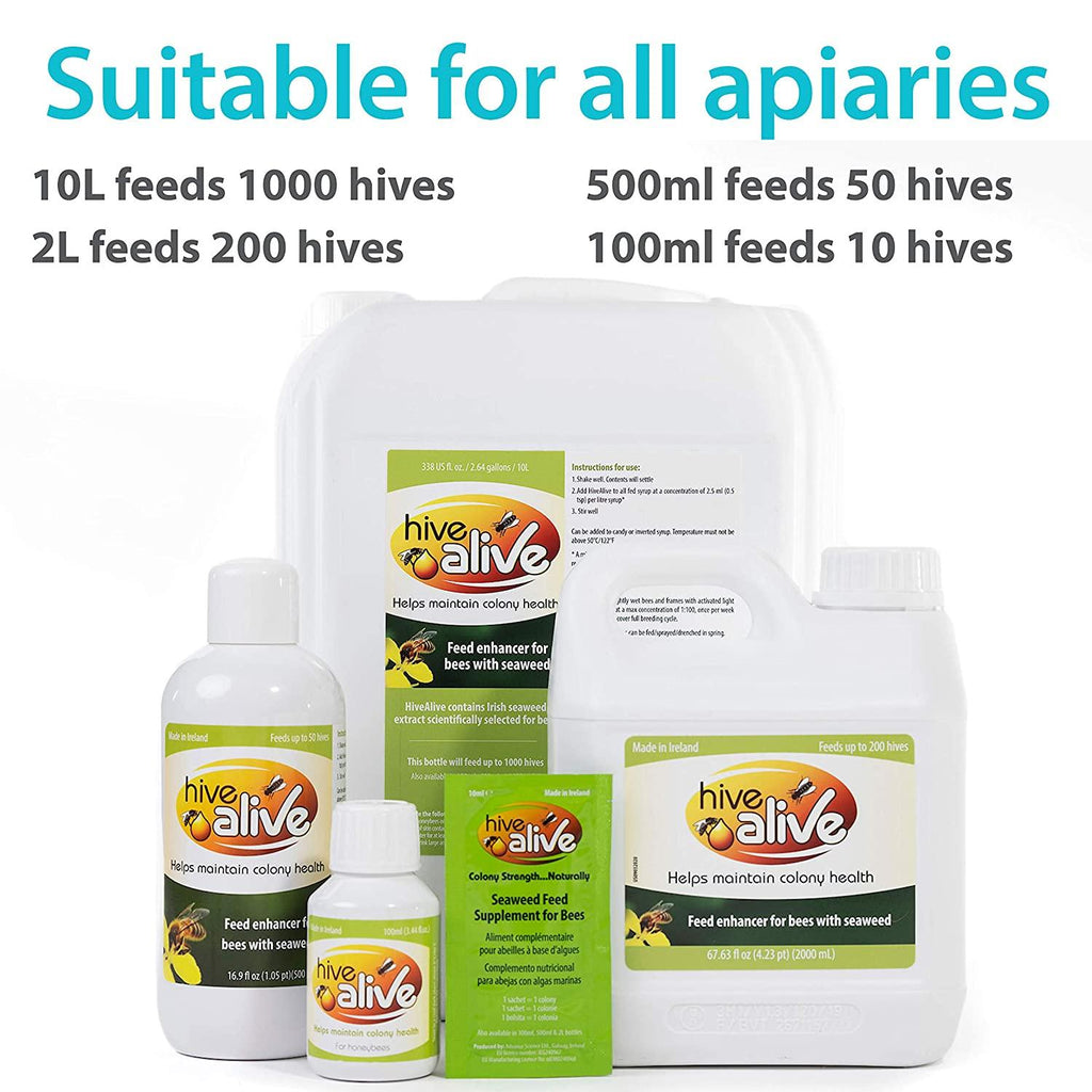 hive alive bee food supplement - natural honey bee liquid feed enhancer - organic beekeeping autumn spring feeding - lower winter mortality, improve colony health, honey production (2l, 200 hives)