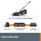 14" Cordless Lawn Mower, 2 in 1 Electric Mower Cuts Quietly, Compact &amp; Lightweight Push Lawn Mower with 6-Position Height Adjustment for Small Yards, 2 Batteries &amp; Charger Included, WG779