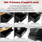 72" Rolling Tool Chest with 15 Drawers, Lockable StoraCabinet, Black Mobile Workbench, Assembled Black LarTool Box with Wheels for GaraWorkshop (1 × HTC7215PC-1)