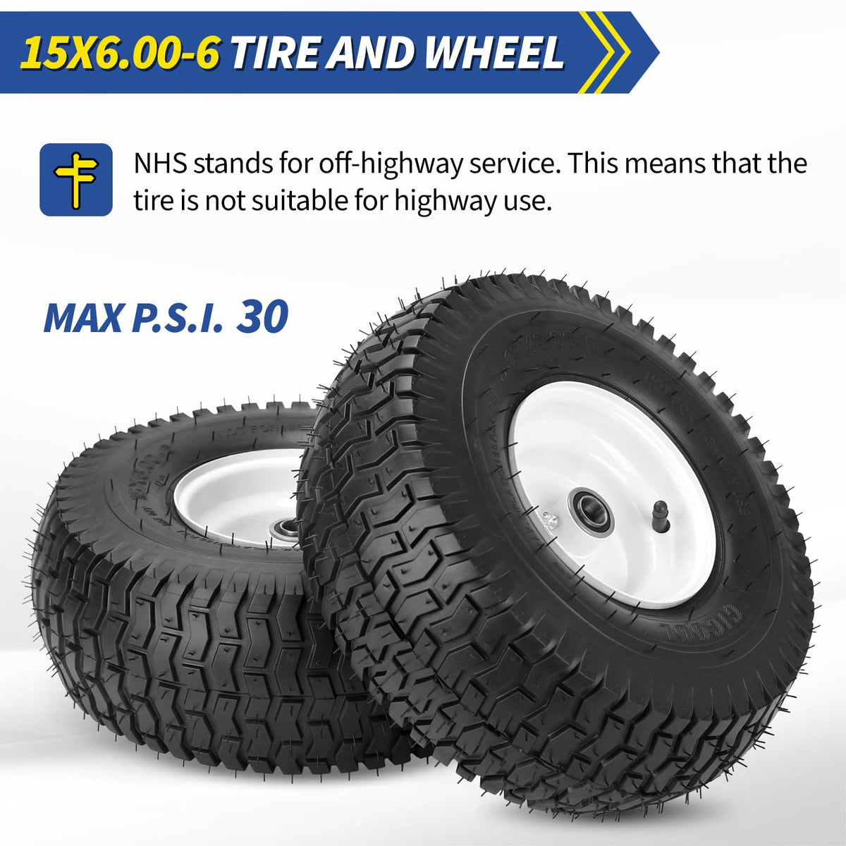 15x6.00-6 Rubber Lawn Mower Tire and Wheel, 2 Pcs Replacement 15x6-6nhs Riding Mowers Lawn Tire and Wheel with Bearing Bore 3/4", 3" Centered Hub