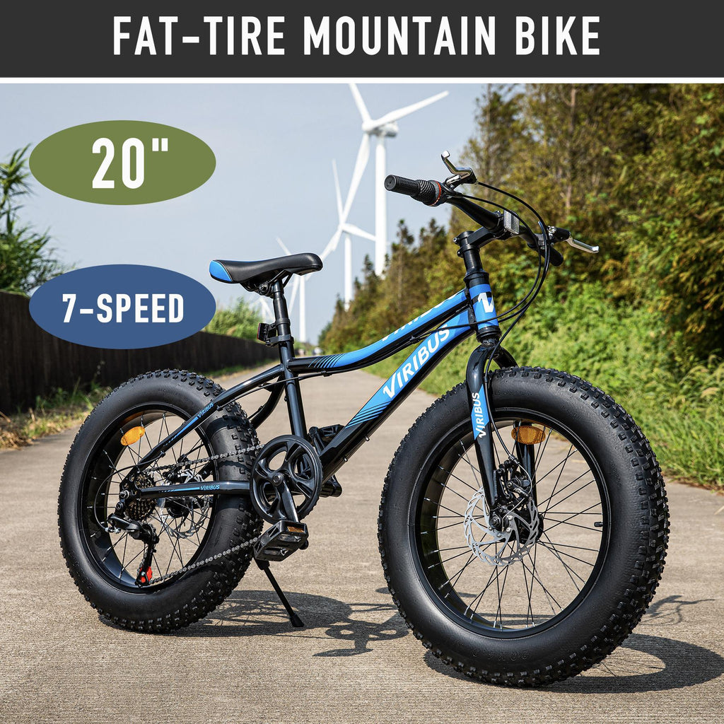 Viribus 20" 7-Speed Bicycle Fat Tire Mountain Bike with Dual Disc Brakes for Kids, Blue