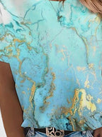 Ladies short sleeve round neck marble print T-shirt