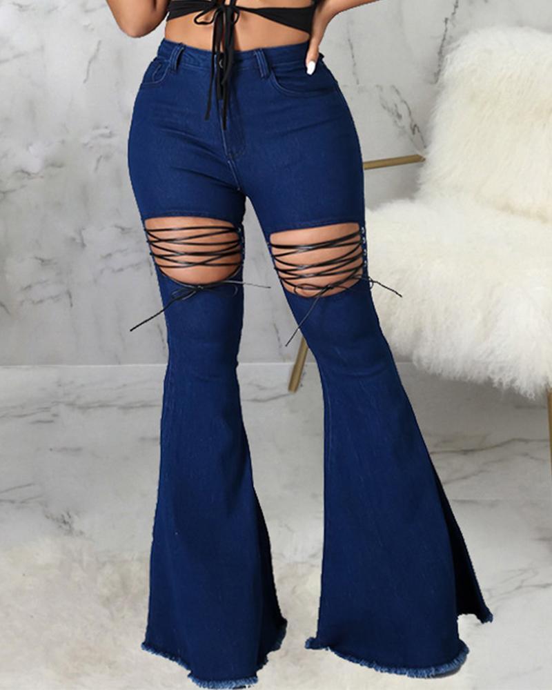 washed grommet eyelet lace-up raw hem stretch flare leg skinny jeans