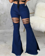 washed grommet eyelet lace-up raw hem stretch flare leg skinny jeans