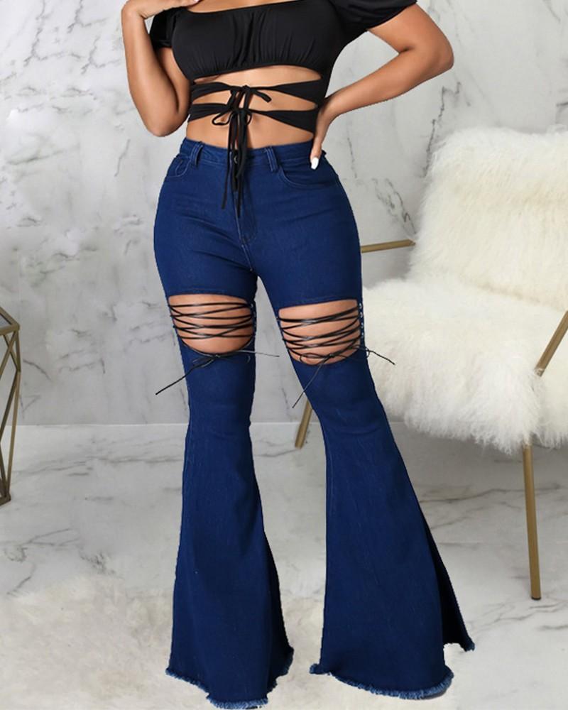 washed grommet eyelet lace-up raw hem stretch flare leg skinny jeans