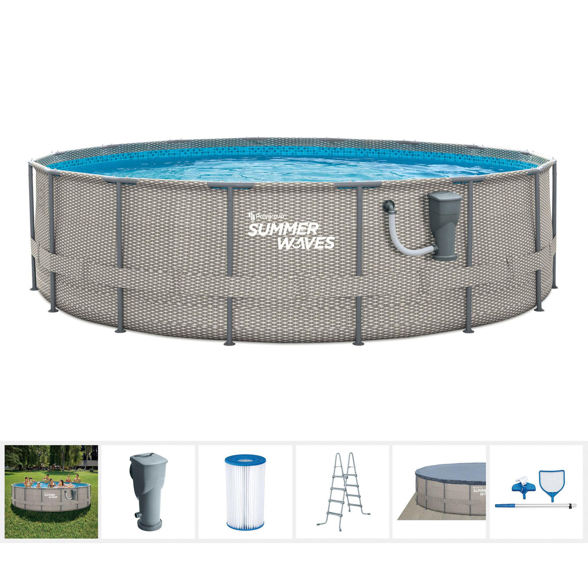 Summer Waves Active Metal Frame 16 Foot x 48 Inch Round Above Ground Wicker Gray Swimming Pool Set with Skimmer Plus Pool Filter