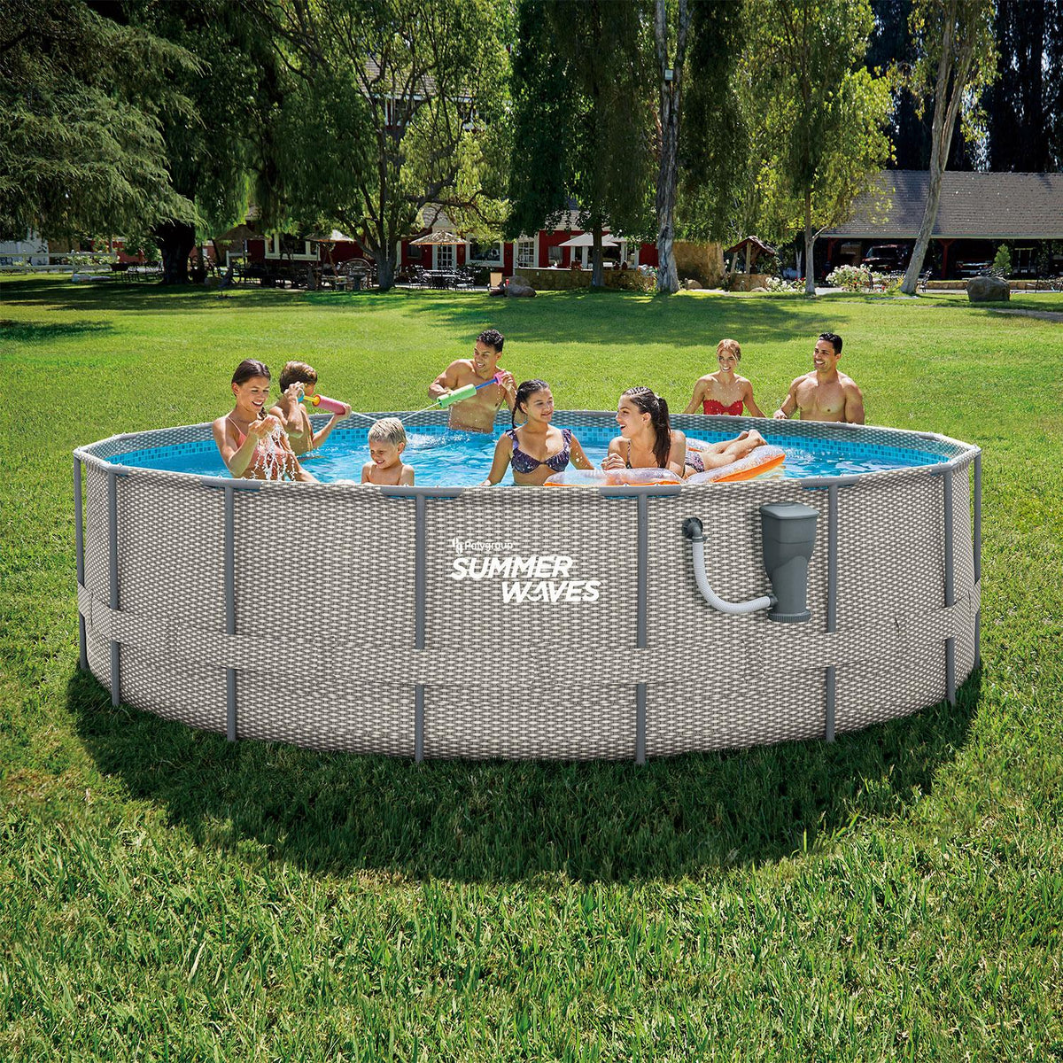 Summer Waves Active Metal Frame 16 Foot x 48 Inch Round Above Ground Wicker Gray Swimming Pool Set with Skimmer Plus Pool Filter