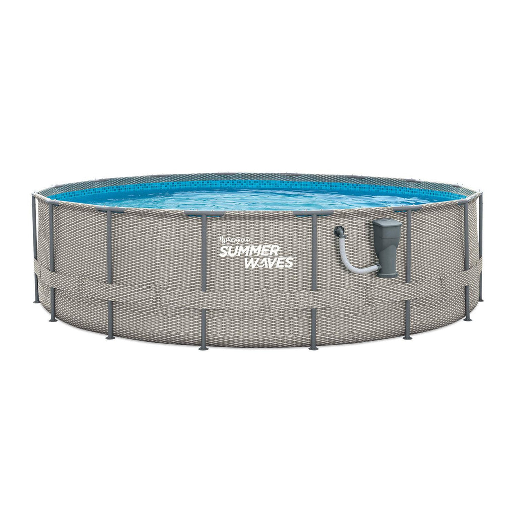 Summer Waves Active Metal Frame 16 Foot x 48 Inch Round Above Ground Wicker Gray Swimming Pool Set with Skimmer Plus Pool Filter