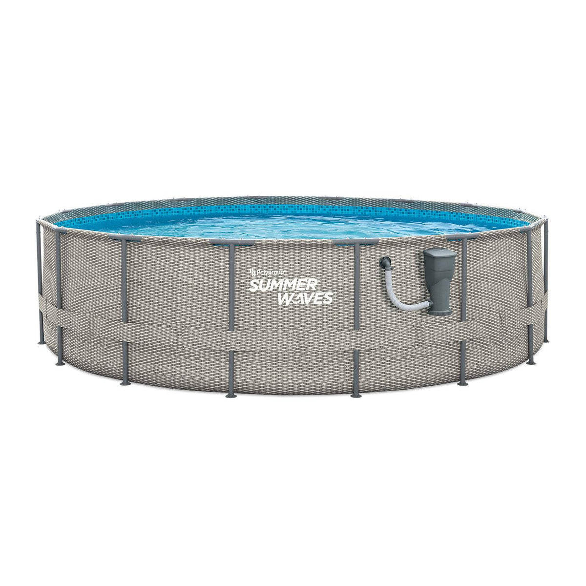 Summer Waves Active Metal Frame 16 Foot x 48 Inch Round Above Ground Wicker Gray Swimming Pool Set with Skimmer Plus Pool Filter