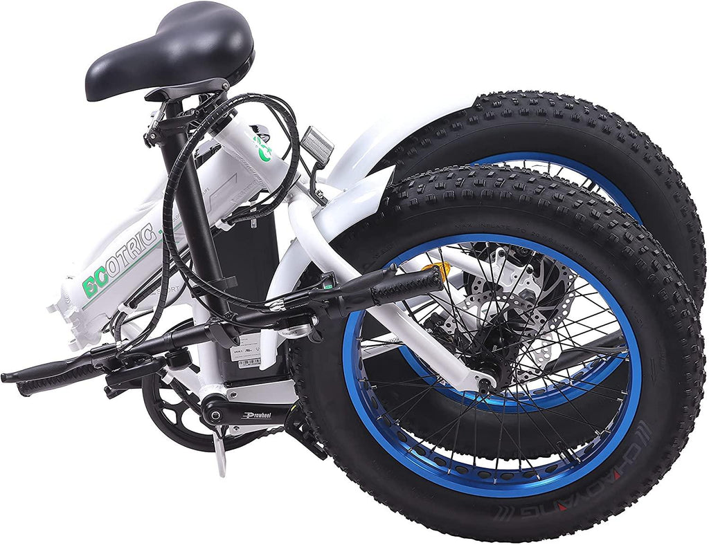 Electric Fat Tire Bicycle 20 In. x 4 In. Folding Bike 500W 36V 12Ah Lithium Battery Beach Mountain Snow Electric Bike Moped - White and Blue