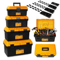 4 Pack Heavy Duty Plastic Tool Box Set, Stackable Portable Boxes, 13-19" | Removable Trays, Nesting, Adjustable Dividers, 50 lb Capacity, Modular Storage, Stackable, Garage, Workshop, Jobsite, Home
