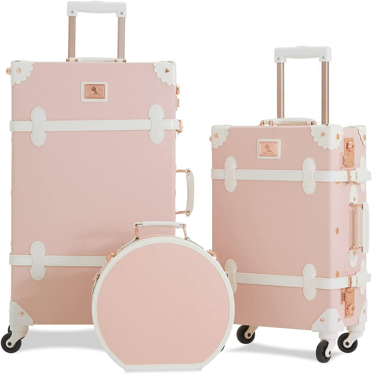 3 Piece  Suitcase Set Women Cute Carry on Luggage with Hat Box Cosmetic Case (embossed pink, 26"+20"+12")
