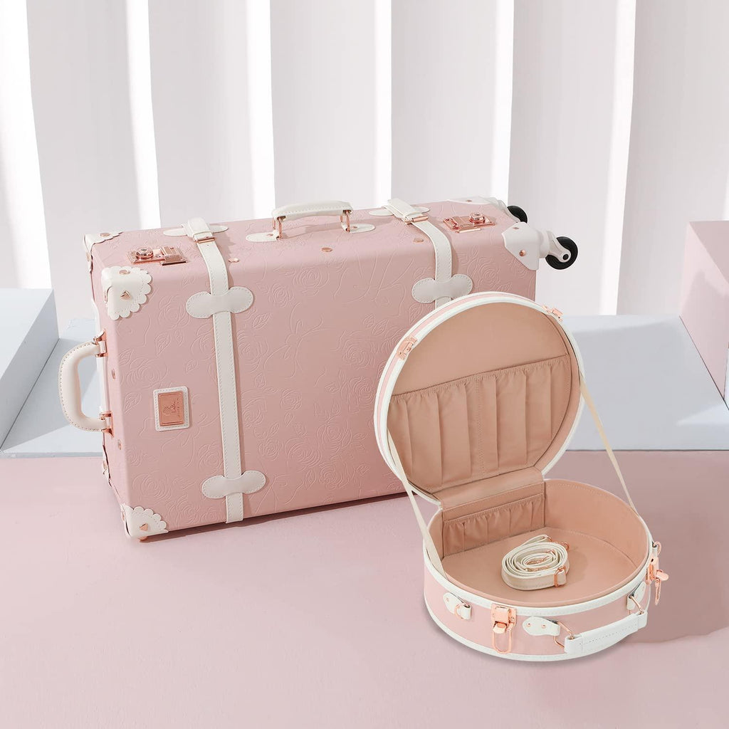 3 Piece  Suitcase Set Women Cute Carry on Luggage with Hat Box Cosmetic Case (embossed pink, 26"+20"+12")