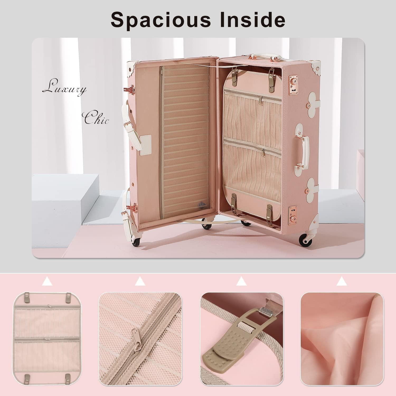 3 Piece  Suitcase Set Women Cute Carry on Luggage with Hat Box Cosmetic Case (embossed pink, 26"+20"+12")