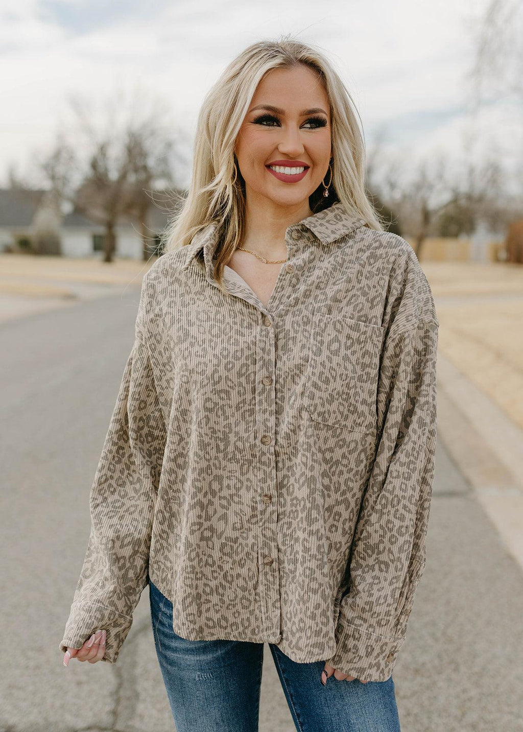 grey  corduroy button top