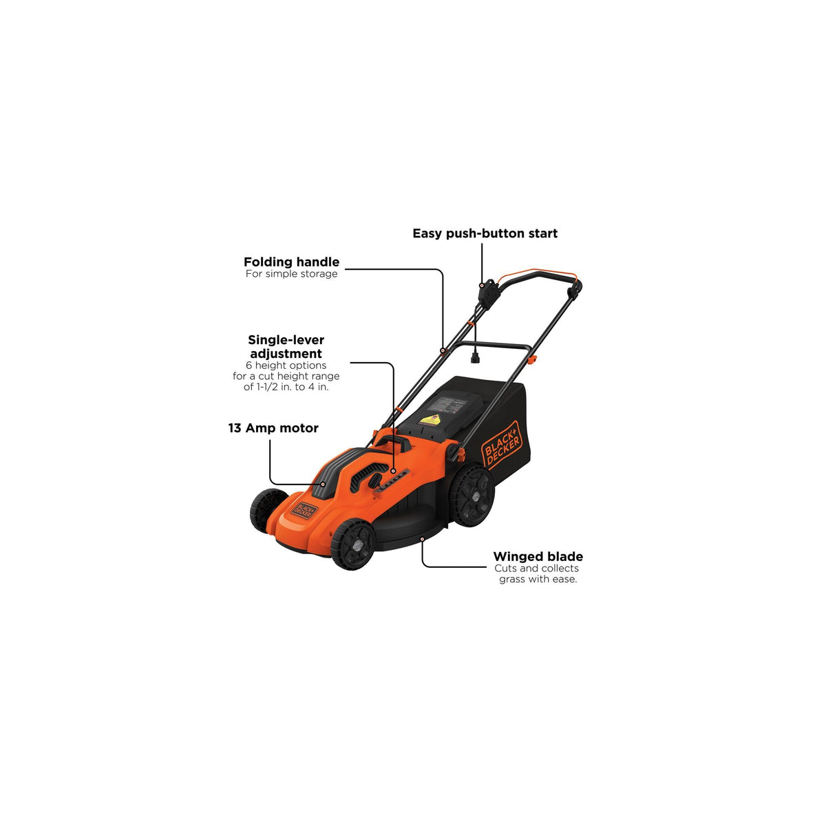 Electric Push Lawn Mower, Corded, 13 Amp, 20-Inch Cutting Deck, 6 Setting Height Adjustment, Compact Storage, Collection Bag (BEMW213)