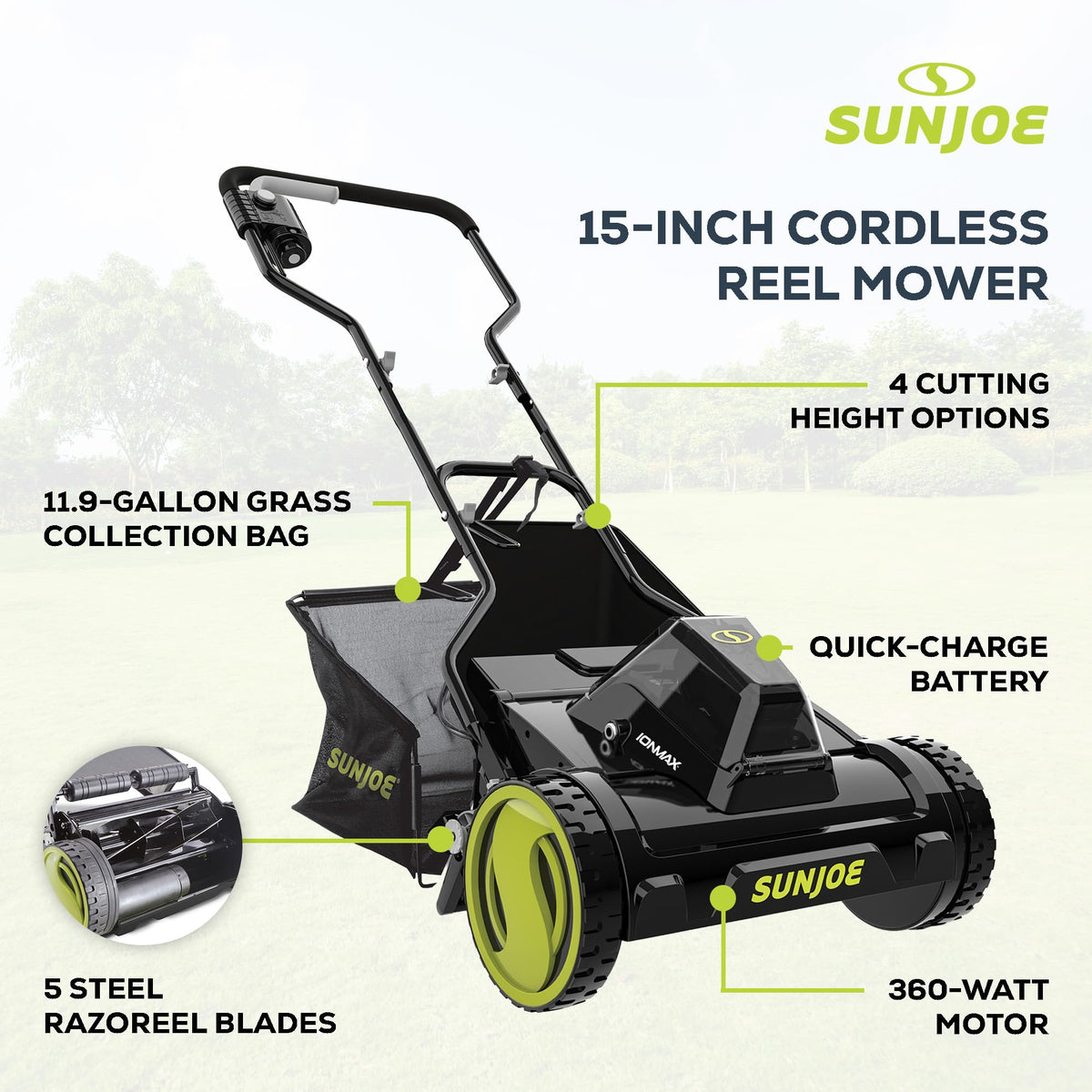 Cordless Electric Push Lawn Mower with 11.9-Gal Bag, 15-Inch Cutting Width, 360W Motor - Heavy-Duty Yard Trimmer for Gardening Care and Maintenance, IONMAX 24V-CRLM15