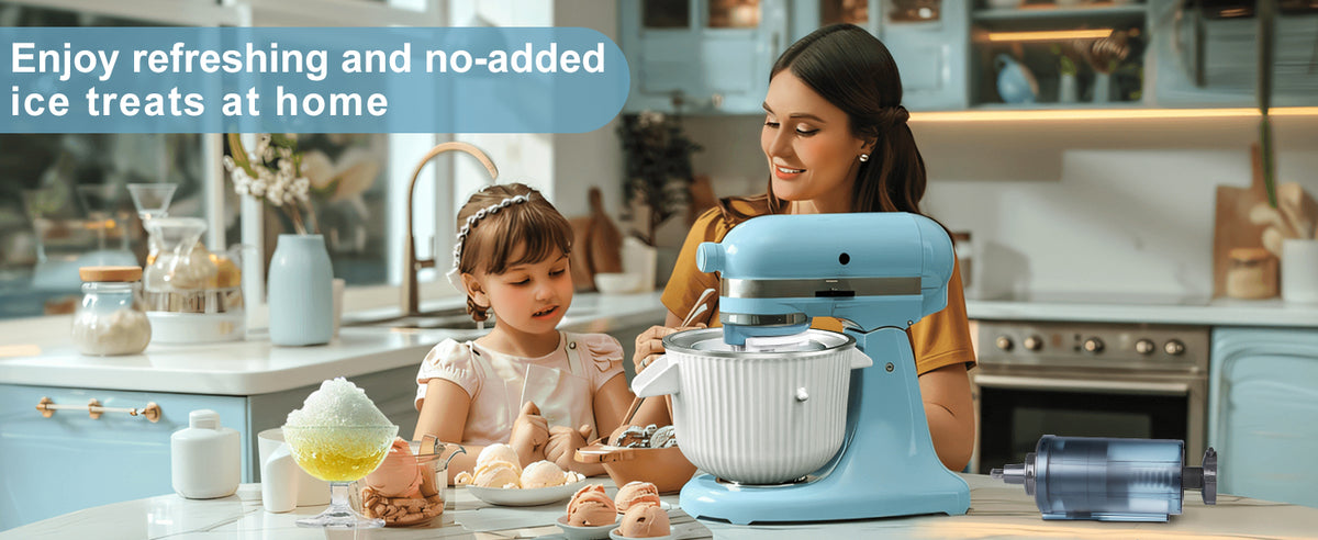 Ice Cream Maker & Shaved Ice Attachment for Kitchen aid Mixer,  Accessories Set Includes Shaved Ice Machine with 8 Ice Molds and Ice Cream Gelato Maker for 4.5 Qt & Larger Stand Mixers