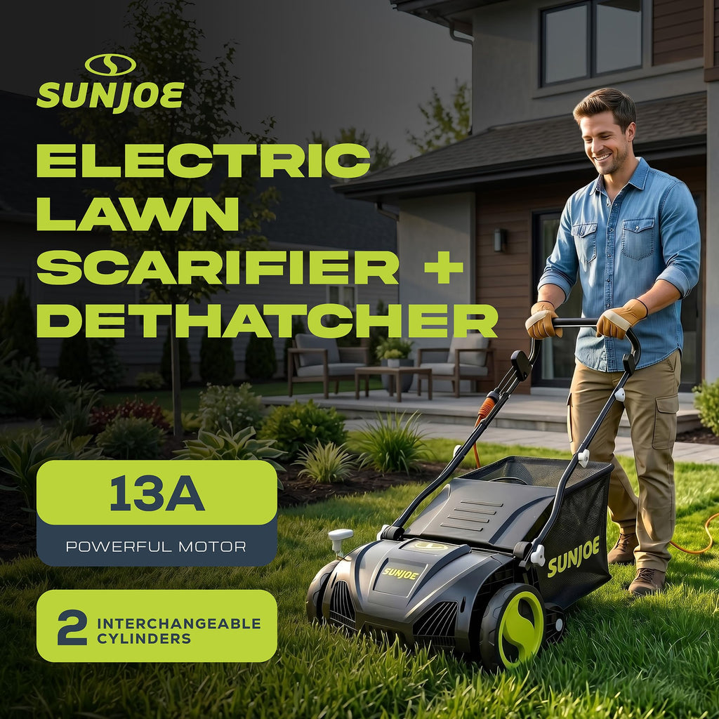 15-Inch Electric Powered Lawn Dethatcher with Scarifier Blade Reel and Collection Bag - 13-Amp Corded Yard Power Rake Tool Machine for Grass Thatch Removal, AJ805E