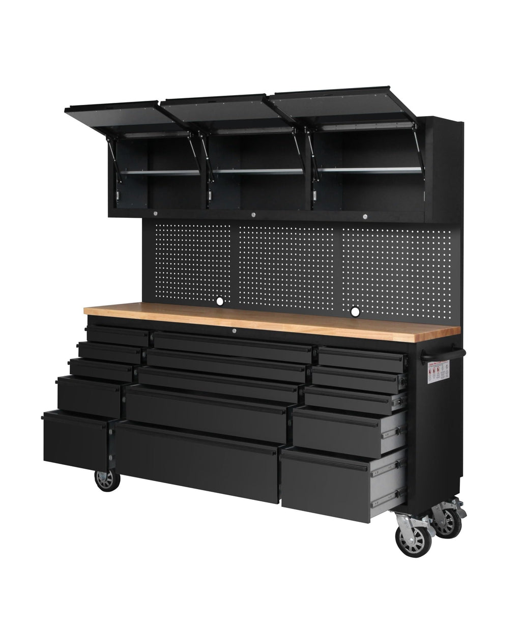 72-inch Tool Chest Cabinet Rolling GaraWorkbench with 15 StoraDrawers and Wheels, 3 Upper Cabinet, Pegboard, Steel LarTool Box,Matte Black