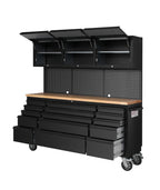 72-inch Tool Chest Cabinet Rolling GaraWorkbench with 15 StoraDrawers and Wheels, 3 Upper Cabinet, Pegboard, Steel LarTool Box,Matte Black