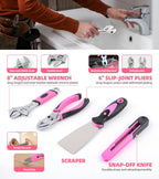 Pink Household Tool Set with 3.6V USB Electric Screwdriver, 136 PCS Home Tool Kit with Cordless Lithium-ion Drill Driver, Hand Tool Kits for Women