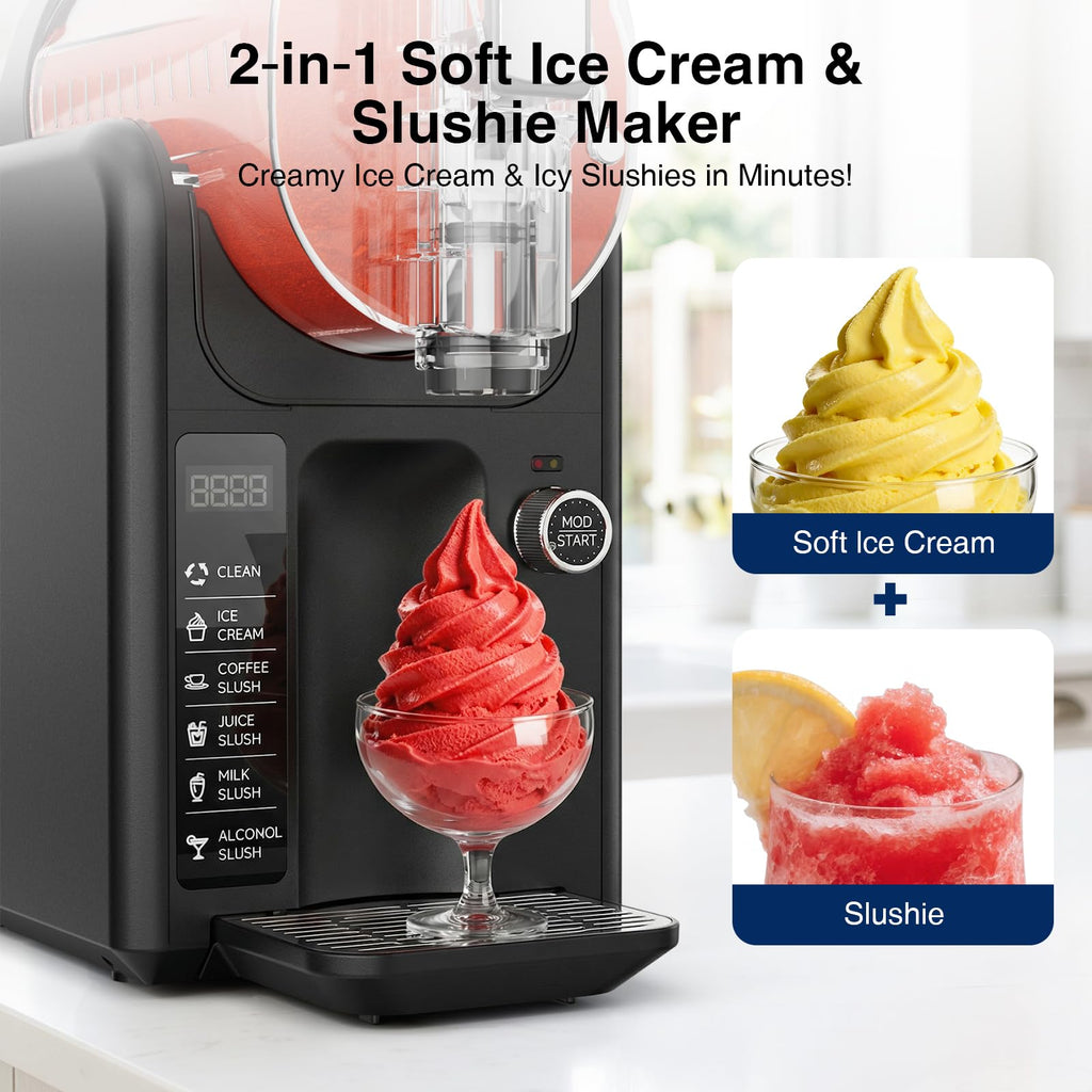 Slushie Machine & Ice Cream Maker Machine 2-IN-1, 6 Modes for Smoothies, Milkshakes, Cocktails, Margarita, and Ice Cream, No Ice Needed, Self-Cleaning, For Home Use