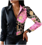 Women Casual Blouses Button-Down Shirts Splicing Long Sleeve Print Tops Collar T-Shirts