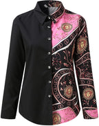 Women Casual Blouses Button-Down Shirts Splicing Long Sleeve Print Tops Collar T-Shirts