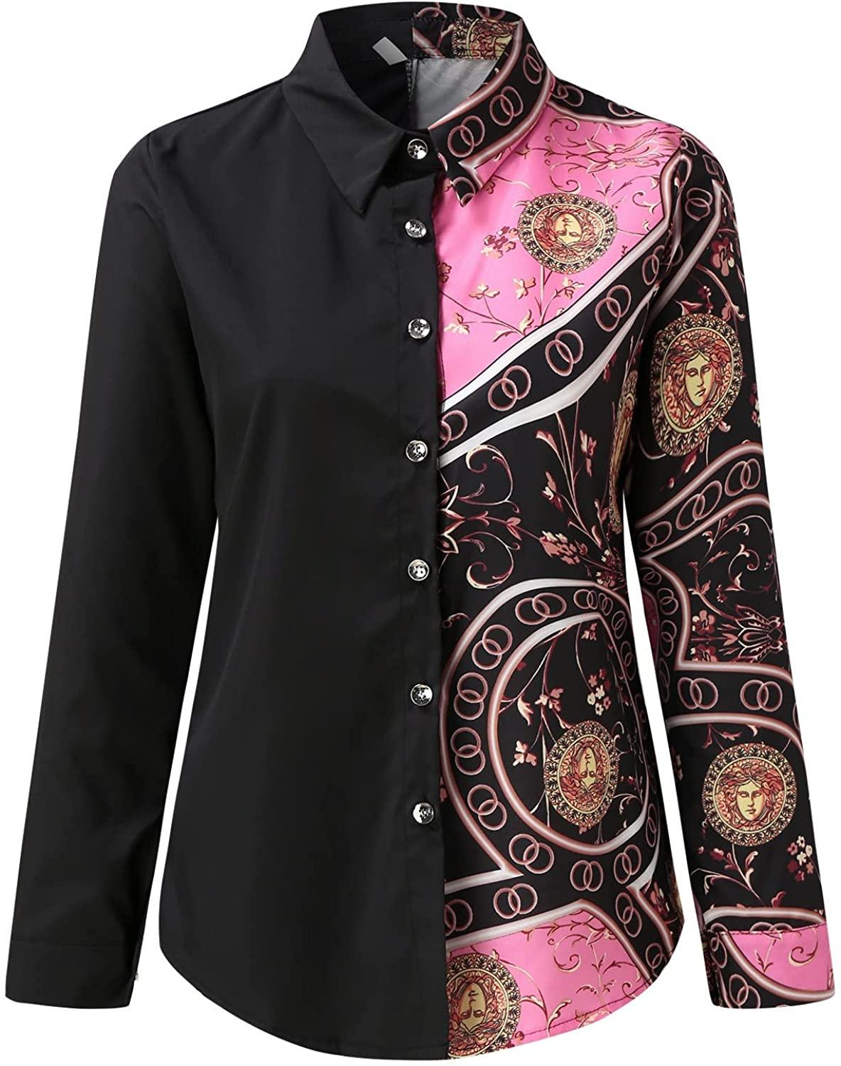 Women Casual Blouses Button-Down Shirts Splicing Long Sleeve Print Tops Collar T-Shirts