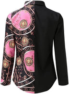Women Casual Blouses Button-Down Shirts Splicing Long Sleeve Print Tops Collar T-Shirts