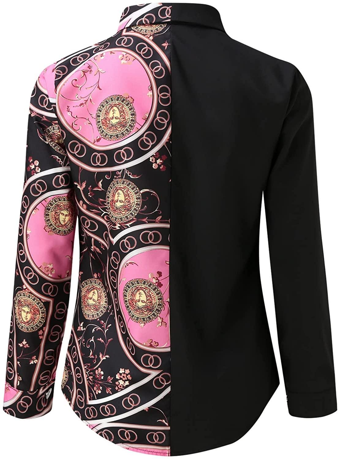Women Casual Blouses Button-Down Shirts Splicing Long Sleeve Print Tops Collar T-Shirts
