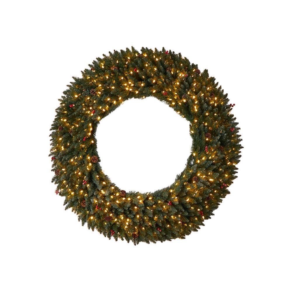 60 in. Prelit LED Large Flocked Artificial Christmas Wreath with Pinecones, Berries, 400 Clear LED Lights